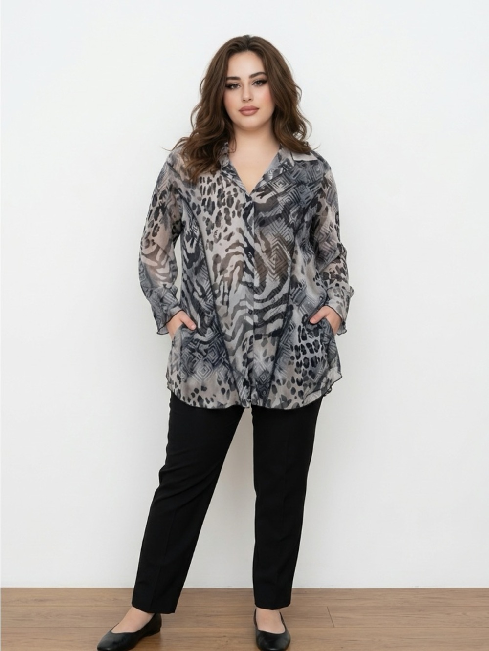 Y2K Vintage Style Sheer Animal Print Blouse | Black and Gray | 90s Mom